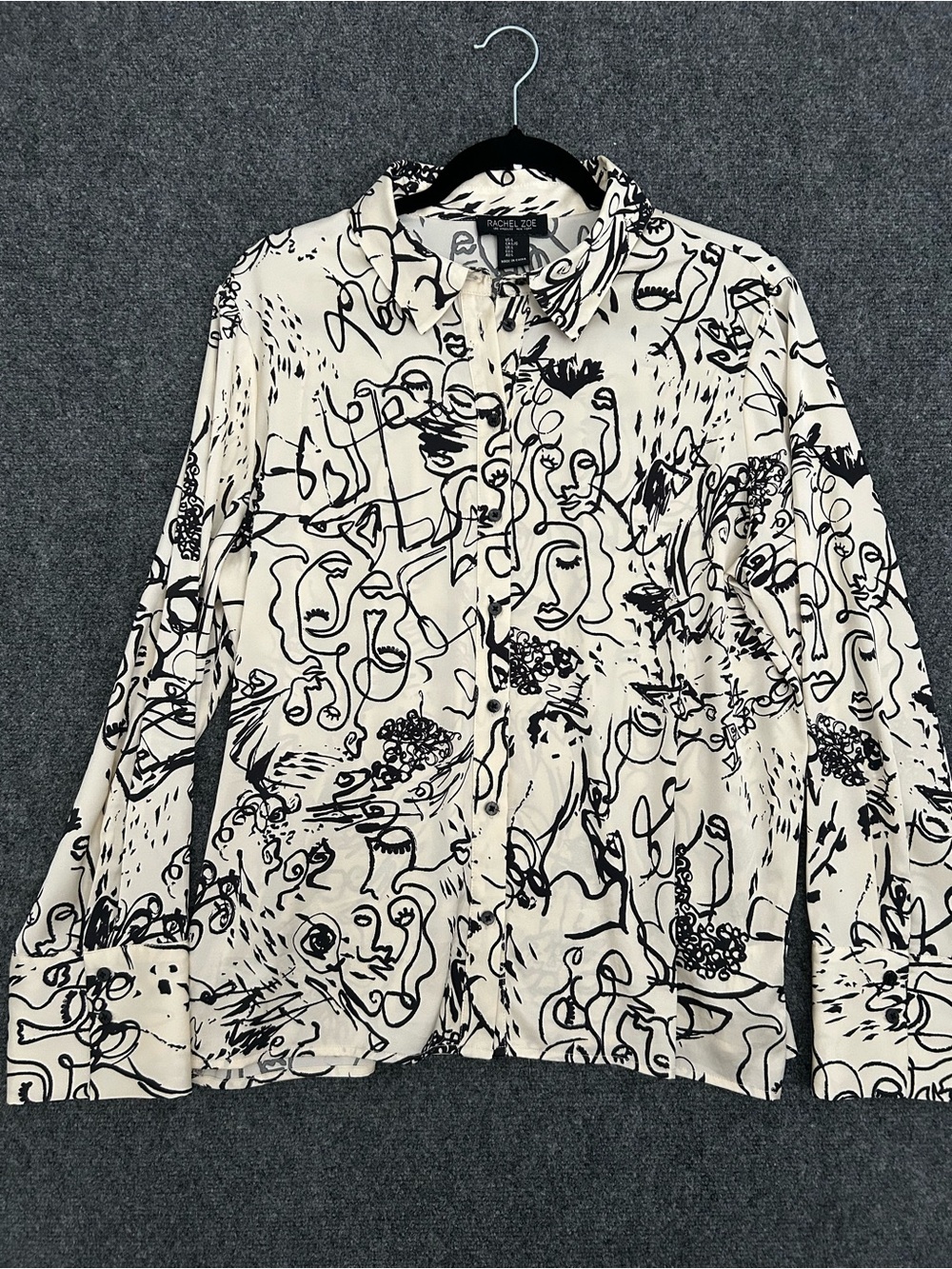 Rachel Zoe Cream and Black Abstract Face-Print Shirt